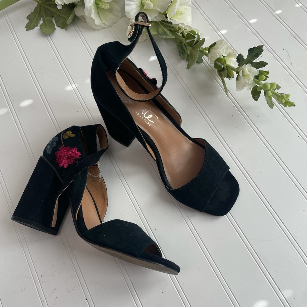 Nanette Lepore heels martina block heel black floral women’s 7 m FALL